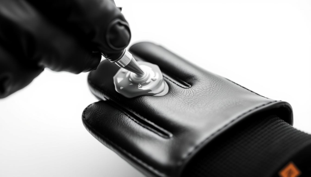 A clean, monochrome close-up of a pair of gloved hands applying a leather conditioner or polish to the surface of a high-quality leather glove or jacket. The hands move gently and methodically, working the product into the material with small, circular motions. The leather appears supple and lustrous, with subtle highlights that catch the soft, diffused lighting. The background is simple and minimalist, allowing the focus to remain on the care and attention being given to the leather item. Accents of color, such as the label or packaging of the leather care product, provide subtle visual interest. The overall mood is one of precision, care, and the preservation of a cherished item. A clean, monochrome close-up of a pair of gloved hands applying a leather conditioner or polish to the surface of a high-quality leather glove or jacket. The hands move gently and methodically, working the product into the material with small, circular motions. The leather appears supple and lustrous, with subtle highlights that catch the soft, diffused lighting. The background is simple and minimalist, allowing the focus to remain on the care and attention being given to the leather item. Accents of color, such as the label or packaging of the leather care product, provide subtle visual interest. The overall mood is one of precision, care, and the preservation of a cherished item.