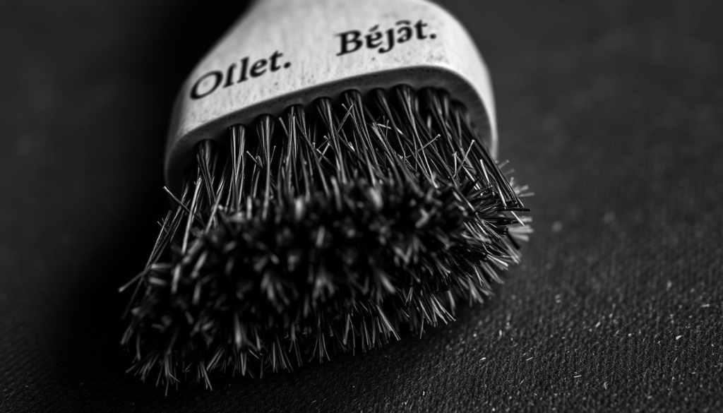 A close-up detailed shot of a specialized brush made for cleaning rough leather, depicted in a muted black and white palette with subtle pops of color. The brush has a sturdy wooden handle and dense bristles that appear coarse and textured, reflecting the rugged nature of the "Rauleder" leather it is designed to clean. The lighting is soft and directional, casting gentle shadows that highlight the brush's intricate form and structure. The background is simple and uncluttered, allowing the brush to be the focal point and emphasizing its purpose and functionality within the "Pflege für Rauleder" context. A close-up detailed shot of a specialized brush made for cleaning rough leather, depicted in a muted black and white palette with subtle pops of color. The brush has a sturdy wooden handle and dense bristles that appear coarse and textured, reflecting the rugged nature of the "Rauleder" leather it is designed to clean. The lighting is soft and directional, casting gentle shadows that highlight the brush's intricate form and structure. The background is simple and uncluttered, allowing the brush to be the focal point and emphasizing its purpose and functionality within the "Pflege für Rauleder" context.