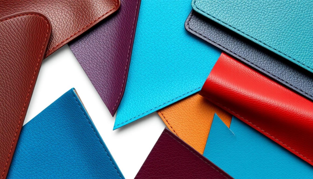 A close-up shot of various colored leather samples, arranged neatly on a clean, white background. The leathers are of high quality, with a supple, textured appearance, showcasing a range of vibrant hues from deep burgundy to bright azure blue. Crisp studio lighting illuminates the materials, highlighting their natural luster and grain. The composition is balanced, allowing each swatch to be clearly visible and easily compared. A sense of thoughtful curation and attention to detail pervades the scene, inviting the viewer to closely examine the available color options for a leather garment or accessory.