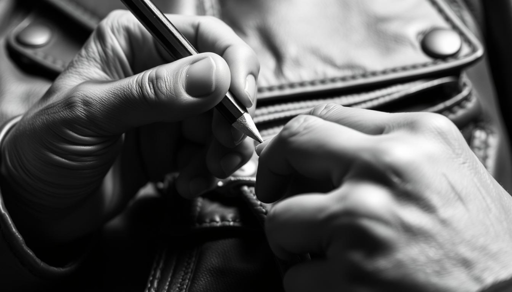 A close-up view of two hands carefully examining the details of a leather jacket, scrutinizing the stitching, texture, and hardware to verify its authenticity. The image is rendered in a high-contrast black and white palette, with selective pops of color highlighting key features like the gleam of metallic zippers or the subtle grain of the leather. The lighting is soft and directional, casting dramatic shadows that accentuate the tactile nature of the examination. The composition focuses tightly on the hands, drawing the viewer's attention to the meticulous inspection process, conveying the importance of verifying the legitimacy of a used leather garment.