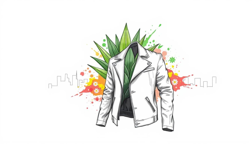 A crisp, high-contrast sketch depicting the environmental advantages of plant-based leather jackets. In the foreground, a stylized leather jacket made from sustainable materials like pineapple leaf fibers or apple peels, rendered in delicate lines and subtle shades of gray. In the middle ground, a lush, verdant plant silhouette bursts forth, symbolizing the renewable and biodegradable nature of these eco-friendly textiles. The background features a minimalist cityscape, with splashes of color highlighting the reduced carbon footprint and lower resource consumption of these innovative, animal-free leather alternatives. The scene conveys a sense of modern, forward-thinking design in harmony with nature.