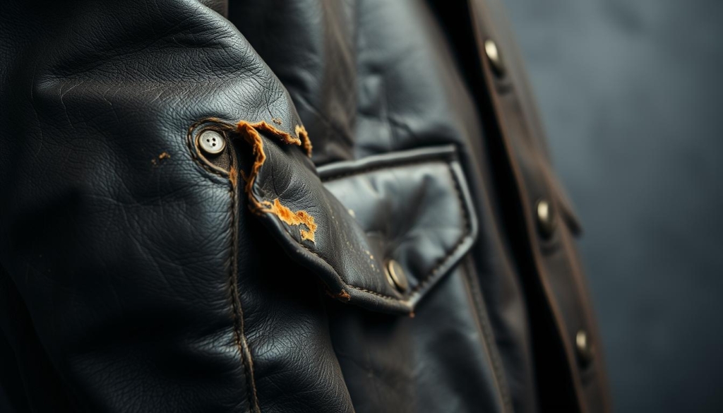 A detailed close-up view of a well-worn leather jacket, showcasing various types of damage and wear. The foreground focuses on a scuffed elbow and a torn pocket flap, with subtle hints of color peeking through the weathered surface. The middle ground reveals creases, cracked panels, and faded patches, while the background maintains a minimalist, graphite-toned ambiance, allowing the textures and imperfections to take center stage. The lighting is soft and diffused, creating depth and highlighting the tactile nature of the material. This image aims to illustrate the common issues that can arise with leather jackets and the need for thoughtful, DIY-friendly repair solutions.