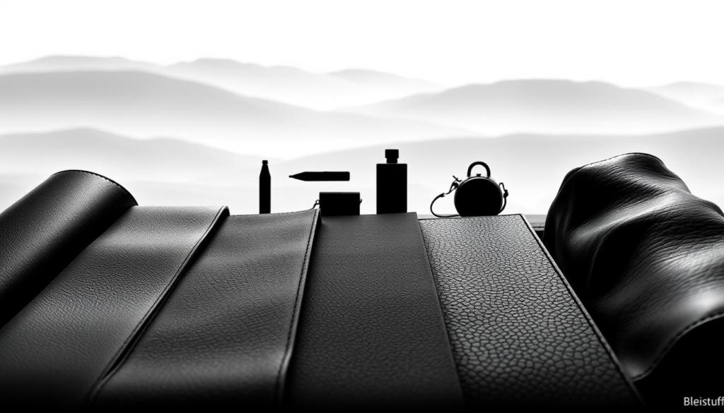 A detailed comparison of various leather types, showcased in a stylized black and white illustration with strategic pops of color. In the foreground, distinct leather samples - smooth calfskin, distressed suede, pebbled cowhide - are arranged in an orderly grid, allowing viewers to closely examine their textures and finishes. The midground features sleek, minimalist product silhouettes, hinting at the diverse leather applications. The background is a softly blurred, ethereal landscape, setting an elegant, reflective mood. Delicate colored overlays highlight key points of interest, guiding the eye. Crisp, high-contrast lighting from an elevated, almost bird's-eye perspective lends an analytical, technical feel, suitable for the comparative nature of the subject matter. A detailed comparison of various leather types, showcased in a stylized black and white illustration with strategic pops of color. In the foreground, distinct leather samples - smooth calfskin, distressed suede, pebbled cowhide - are arranged in an orderly grid, allowing viewers to closely examine their textures and finishes. The midground features sleek, minimalist product silhouettes, hinting at the diverse leather applications. The background is a softly blurred, ethereal landscape, setting an elegant, reflective mood. Delicate colored overlays highlight key points of interest, guiding the eye. Crisp, high-contrast lighting from an elevated, almost bird's-eye perspective lends an analytical, technical feel, suitable for the comparative nature of the subject matter.