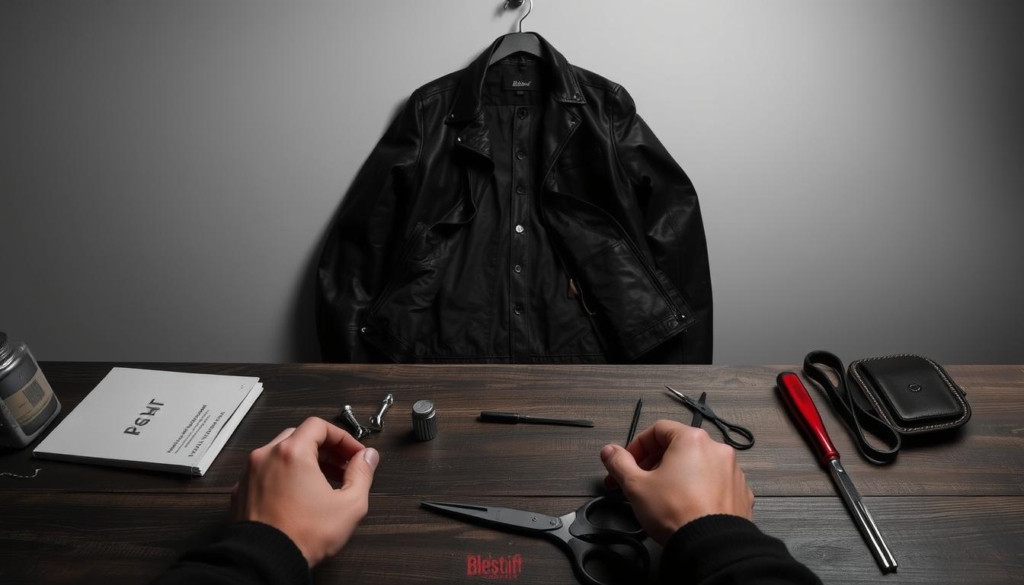 A detailed step-by-step guide to replacing the inner lining of a leather jacket. The foreground shows a pair of hands carefully working on the jacket, with tools and materials laid out on a wooden surface. The middle ground features the jacket itself, partially disassembled, revealing the intricate construction. The background is a minimalist, black and white setting, with subtle pops of color highlighting key elements. The lighting is soft, casting gentle shadows that accentuate the textures and shapes. The overall mood is one of precision, focus, and a sense of craftsmanship.