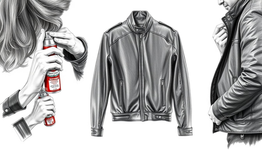 A detailed step-by-step leather jacket weatherproofing process in a pencil sketch style with selective color accents. A person carefully applying weatherproofing spray to a black leather jacket in a simple, well-lit studio setting. Close-up views of the hands and jacket, with a clean, minimalist background allowing the focus to remain on the technical application. Muted grays, blacks, and whites punctuated by the vibrant hues of the weatherproofing product. Conveys a sense of precision, care, and functional utility. A detailed step-by-step leather jacket weatherproofing process in a pencil sketch style with selective color accents. A person carefully applying weatherproofing spray to a black leather jacket in a simple, well-lit studio setting. Close-up views of the hands and jacket, with a clean, minimalist background allowing the focus to remain on the technical application. Muted grays, blacks, and whites punctuated by the vibrant hues of the weatherproofing product. Conveys a sense of precision, care, and functional utility.