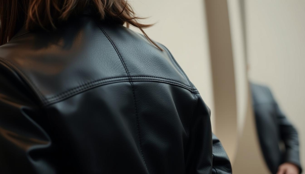 A fashionable black leather jacket with a unique material mix, featuring subtle pops of color. The jacket's sleek silhouette is complemented by the contrast of smooth leather and textured fabrics, creating a visually striking and harmonious ensemble. Soft, muted lighting illuminates the jacket's details, highlighting the interplay of matte and glossy finishes. The composition emphasizes the jacket's versatility, capturing its ability to seamlessly transition between casual and formal settings. The overall mood is one of understated elegance and timeless style. A fashionable black leather jacket with a unique material mix, featuring subtle pops of color. The jacket's sleek silhouette is complemented by the contrast of smooth leather and textured fabrics, creating a visually striking and harmonious ensemble. Soft, muted lighting illuminates the jacket's details, highlighting the interplay of matte and glossy finishes. The composition emphasizes the jacket's versatility, capturing its ability to seamlessly transition between casual and formal settings. The overall mood is one of understated elegance and timeless style.