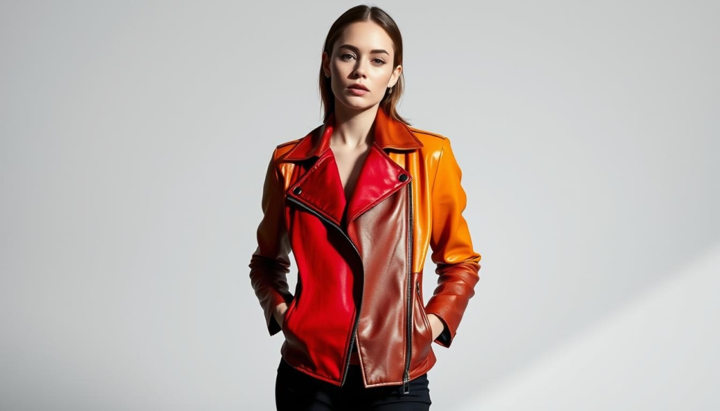 A fashionable woman stands in a soft-focus studio, her body draped in a sleek leather jacket in a variety of vibrant hues. The jacket's silhouette is accentuated by dramatic lighting, casting shadows that create depth and dimension. The background is a minimalist monochrome palette, allowing the garment to take center stage. The woman's expression is confident and poised, her gaze directed towards the camera. The composition is carefully balanced, guiding the viewer's eye to the jacket's intricate details and the interplay of light and shadow. The overall mood is one of sophistication and effortless style, perfectly capturing the essence of the article's subject matter. A fashionable woman stands in a soft-focus studio, her body draped in a sleek leather jacket in a variety of vibrant hues. The jacket's silhouette is accentuated by dramatic lighting, casting shadows that create depth and dimension. The background is a minimalist monochrome palette, allowing the garment to take center stage. The woman's expression is confident and poised, her gaze directed towards the camera. The composition is carefully balanced, guiding the viewer's eye to the jacket's intricate details and the interplay of light and shadow. The overall mood is one of sophistication and effortless style, perfectly capturing the essence of the article's subject matter.