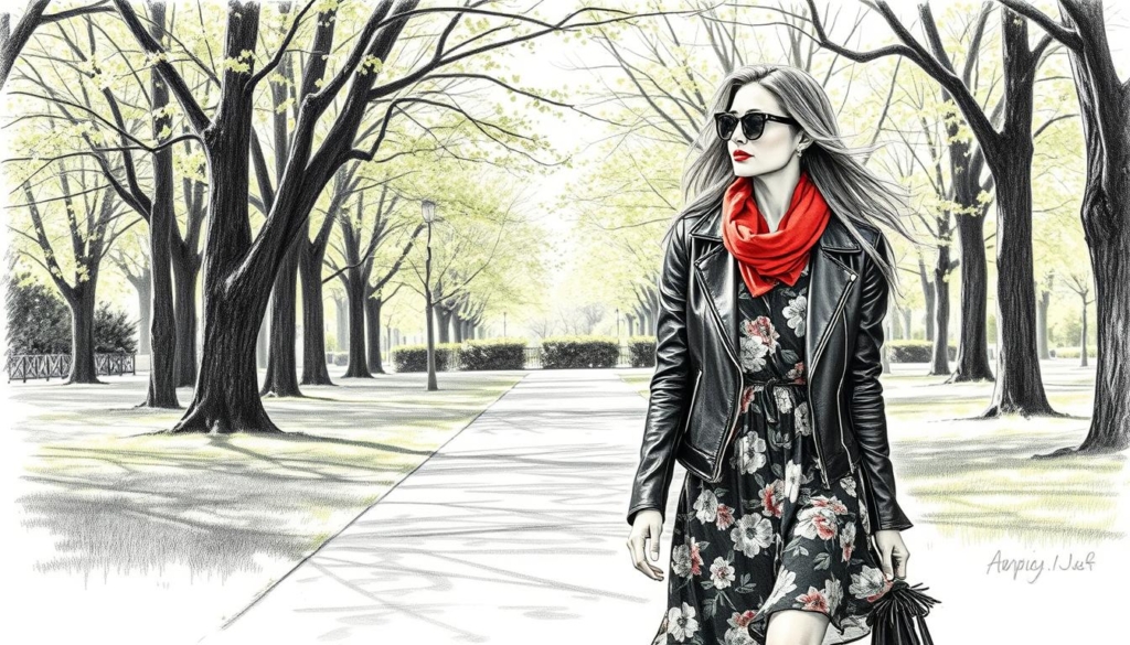 A fashionable woman strolling through a spring park, her black leather jacket complementing a flowing floral dress. Soft light filters through the trees, casting gentle shadows on the path. Pops of color in her accessories - a vibrant scarf, bold lipstick - add visual interest. The scene exudes a sense of effortless style and the breezy energy of the season. Pencil sketch with black and white details, accented by subtle bursts of color.