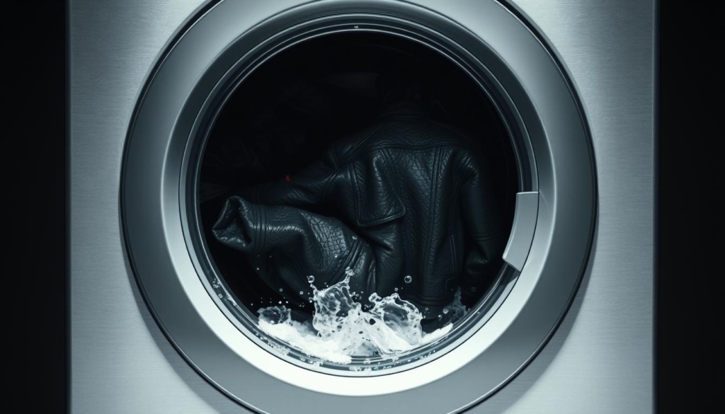 A front-loading washing machine with a glass door, water splashing against the transparent window, revealing a black leather jacket tumbling inside. Soft shadows and highlights create a moody, dramatic atmosphere. The jacket's textured surface glistens with soapy suds, contrasting with the muted, grayscale tones of the machine's metallic body. Subtle pops of color - perhaps a red or blue detailing on the jacket - catch the eye. The composition is balanced, with the washing machine centered and filling the frame, conveying the significance of this delicate laundry task. A front-loading washing machine with a glass door, water splashing against the transparent window, revealing a black leather jacket tumbling inside. Soft shadows and highlights create a moody, dramatic atmosphere. The jacket's textured surface glistens with soapy suds, contrasting with the muted, grayscale tones of the machine's metallic body. Subtle pops of color - perhaps a red or blue detailing on the jacket - catch the eye. The composition is balanced, with the washing machine centered and filling the frame, conveying the significance of this delicate laundry task.