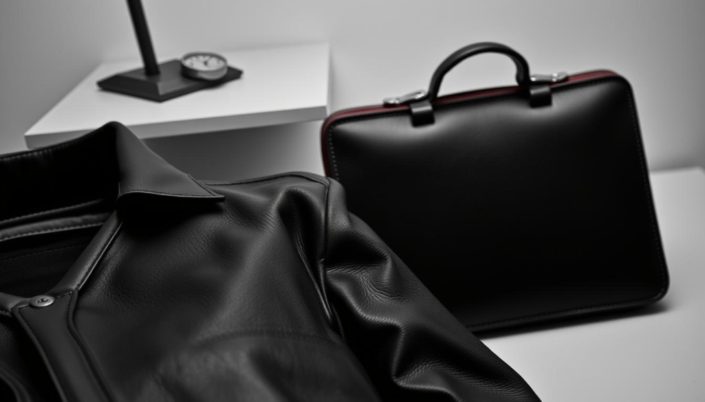 A high-contrast black and white scene with selective color accents, capturing a stylish business look featuring refined accessories. In the foreground, a meticulously tailored leather jacket, its surface subtly reflecting the light. Midground, a polished briefcase, its edges trimmed in a rich, burgundy hue. In the background, a minimalist desk with a clean, geometric silhouette, topped with a timepiece, its face gleaming. The overall mood is one of understated elegance, evoking a sense of sophisticated professionalism. A high-contrast black and white scene with selective color accents, capturing a stylish business look featuring refined accessories. In the foreground, a meticulously tailored leather jacket, its surface subtly reflecting the light. Midground, a polished briefcase, its edges trimmed in a rich, burgundy hue. In the background, a minimalist desk with a clean, geometric silhouette, topped with a timepiece, its face gleaming. The overall mood is one of understated elegance, evoking a sense of sophisticated professionalism.