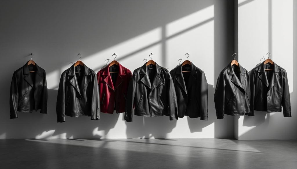 A high-quality collection of premium vegan leather jackets, showcased against a minimalist monochrome backdrop with subtle pops of color. Sleek silhouettes in a range of styles, from classic moto to tailored blazers, crafted from innovative plant-based materials that emulate the luxurious texture and durability of traditional leather. Soft, matte-finished surfaces capture the essence of sustainable fashion, inviting the viewer to explore these ethical, animal-friendly alternatives to conventional leather goods. Overhead lighting casts dramatic shadows, accentuating the clean lines and refined details of each jacket, while a high-contrast, graphite-toned setting lends an air of sophistication and timeless appeal.