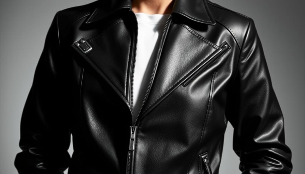 A high-quality leather jacket in a classic black and white color scheme, highlighted with subtle pops of color. The jacket's sleek silhouette and premium craftsmanship take center stage, showcased against a minimalist background that allows the details to shine. Soft, supple leather and precision tailoring create a timeless, sophisticated look that exudes confidence and style. The lighting casts dramatic shadows, accentuating the jacket's contours and lending an air of sophistication. This image captures the essence of a premium leather jacket that can be effortlessly integrated into a chic, mature wardrobe. A high-quality leather jacket in a classic black and white color scheme, highlighted with subtle pops of color. The jacket's sleek silhouette and premium craftsmanship take center stage, showcased against a minimalist background that allows the details to shine. Soft, supple leather and precision tailoring create a timeless, sophisticated look that exudes confidence and style. The lighting casts dramatic shadows, accentuating the jacket's contours and lending an air of sophistication. This image captures the essence of a premium leather jacket that can be effortlessly integrated into a chic, mature wardrobe.