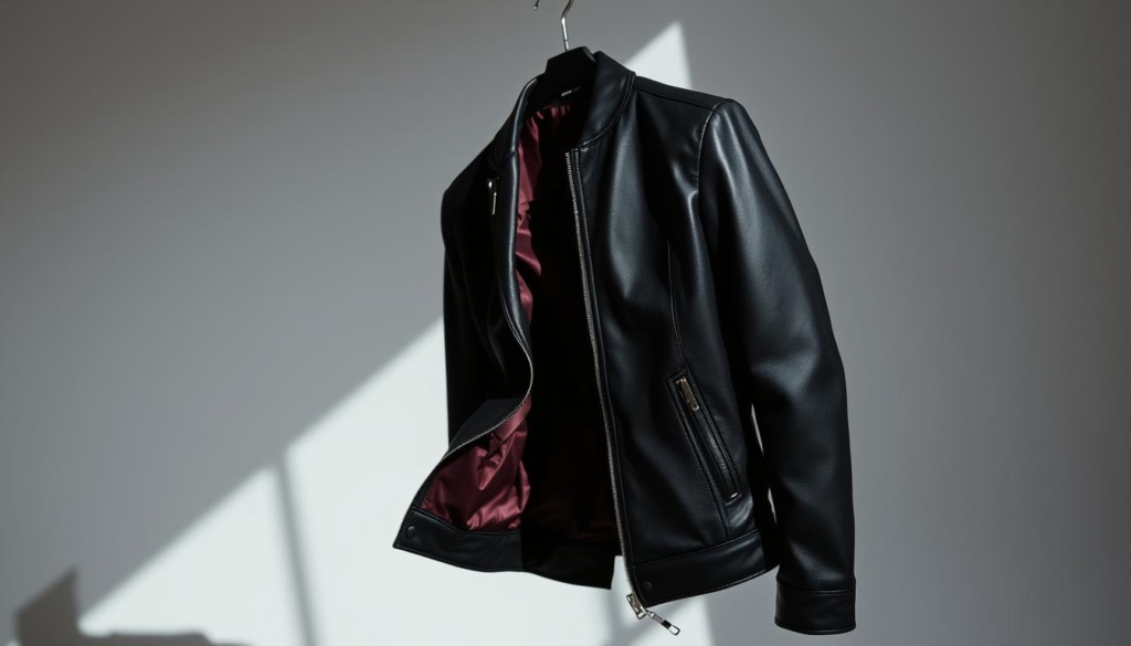 A high-quality leather jacket in a sleek, professional silhouette, crafted from premium materials that exude seriousness and sophistication. The supple, matte-black leather surface reflects the light softly, creating depth and dimension. Subtle accents, such as a deep burgundy lining or polished metal hardware, add refined touches that elevate the overall aesthetic. The jacket is captured in a simple, studio-like setting, with minimal distractions, allowing the materials and craftsmanship to take center stage. Soft, directional lighting from the side casts dramatic shadows, emphasizing the texture and quality of the leather. The overall mood is one of understated elegance, perfect for the modern business professional. A high-quality leather jacket in a sleek, professional silhouette, crafted from premium materials that exude seriousness and sophistication. The supple, matte-black leather surface reflects the light softly, creating depth and dimension. Subtle accents, such as a deep burgundy lining or polished metal hardware, add refined touches that elevate the overall aesthetic. The jacket is captured in a simple, studio-like setting, with minimal distractions, allowing the materials and craftsmanship to take center stage. Soft, directional lighting from the side casts dramatic shadows, emphasizing the texture and quality of the leather. The overall mood is one of understated elegance, perfect for the modern business professional.