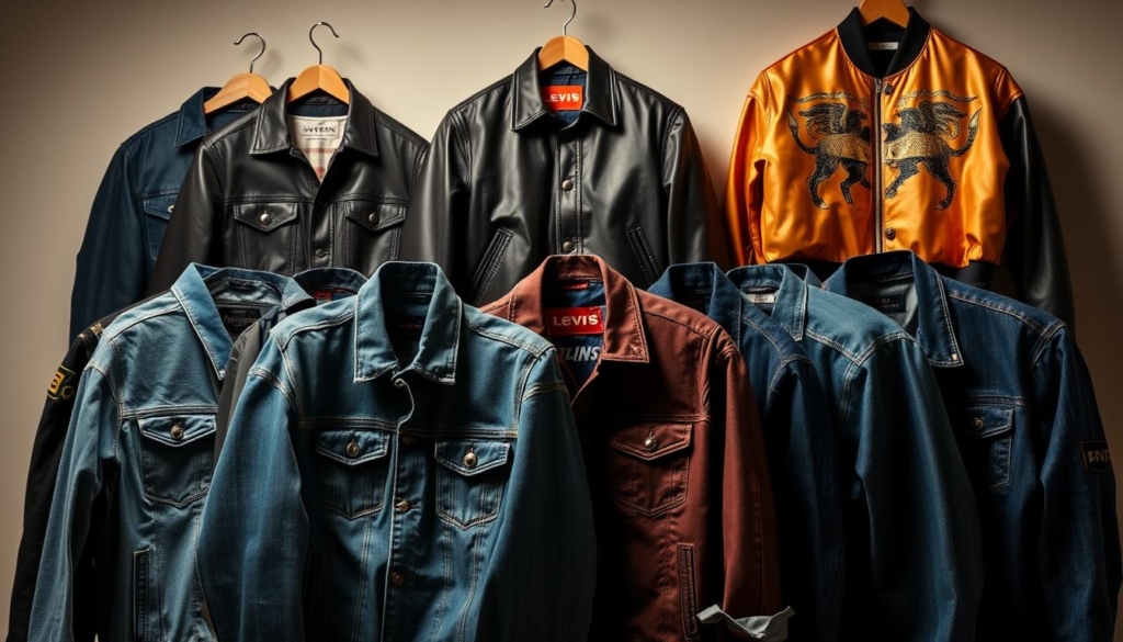 A high-quality studio shot showcasing a diverse collection of iconic designer jackets. In the foreground, a range of classic Levi's denim jackets in various washes and styles, with subtle distressing and faded details. In the middle ground, a selection of sleek, tailored leather jackets from top luxury brands like Burberry and Armani. In the background, a bold, vibrant bomber jacket in the iconic "TOP GUN" style, with a striking graphic print and metallic accents. The lighting is soft and diffused, creating a warm, inviting atmosphere that highlights the premium materials and craftsmanship of each garment. The composition is balanced and visually appealing, drawing the viewer's eye to the diverse array of high-quality, pre-owned fashion pieces. A high-quality studio shot showcasing a diverse collection of iconic designer jackets. In the foreground, a range of classic Levi's denim jackets in various washes and styles, with subtle distressing and faded details. In the middle ground, a selection of sleek, tailored leather jackets from top luxury brands like Burberry and Armani. In the background, a bold, vibrant bomber jacket in the iconic "TOP GUN" style, with a striking graphic print and metallic accents. The lighting is soft and diffused, creating a warm, inviting atmosphere that highlights the premium materials and craftsmanship of each garment. The composition is balanced and visually appealing, drawing the viewer's eye to the diverse array of high-quality, pre-owned fashion pieces.