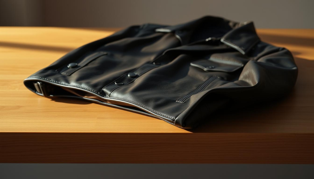 A high-resolution, detailed image of a neatly folded and maintained leather jacket, resting on a clean, well-lit wooden surface. The jacket's surface is smooth and lustrous, showcasing its quality craftsmanship. Warm, directional lighting casts subtle shadows, highlighting the jacket's contours and texture. The background is a minimalist, neutral-toned setting, allowing the leather jacket to be the focal point. The overall mood is one of sophistication, elegance, and timelessness, conveying the jacket's durability and ability to elevate any professional attire. A high-resolution, detailed image of a neatly folded and maintained leather jacket, resting on a clean, well-lit wooden surface. The jacket's surface is smooth and lustrous, showcasing its quality craftsmanship. Warm, directional lighting casts subtle shadows, highlighting the jacket's contours and texture. The background is a minimalist, neutral-toned setting, allowing the leather jacket to be the focal point. The overall mood is one of sophistication, elegance, and timelessness, conveying the jacket's durability and ability to elevate any professional attire.
