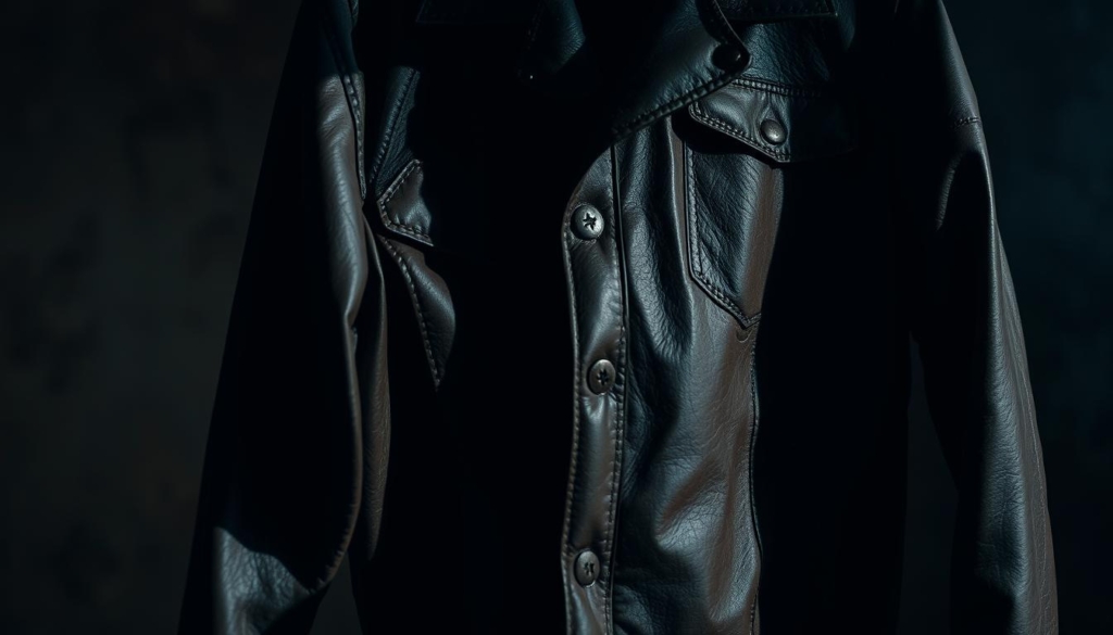 A leather jacket, a symbol of rebellion and nonconformity, hangs in a dimly lit studio. The garment's worn texture and aged hardware convey a sense of history and personal expression. Shadows and highlights accentuate the jacket's contours, creating an atmospheric chiaroscuro effect. The background is hazy, with a subtle hint of gender-fluid colors, evoking a fluid, inclusive narrative. The camera angle is slightly elevated, lending a sense of contemplation and introspection to the scene. The lighting is soft and moody, casting a pensive, introspective mood over the composition. A leather jacket, a symbol of rebellion and nonconformity, hangs in a dimly lit studio. The garment's worn texture and aged hardware convey a sense of history and personal expression. Shadows and highlights accentuate the jacket's contours, creating an atmospheric chiaroscuro effect. The background is hazy, with a subtle hint of gender-fluid colors, evoking a fluid, inclusive narrative. The camera angle is slightly elevated, lending a sense of contemplation and introspection to the scene. The lighting is soft and moody, casting a pensive, introspective mood over the composition.