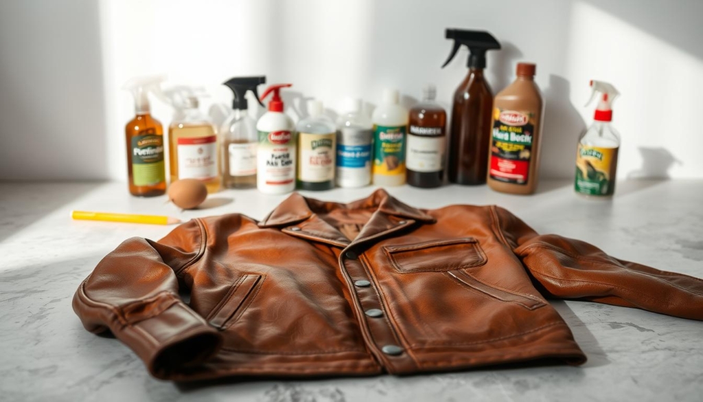 A leather jacket, its surface marred by unsightly blemishes and scuffs, lies in the foreground, bathed in soft, diffused lighting. The middle ground features an assortment of natural remedies and professional cleaning products, each promising to revive the jacket's former glory. The background is a minimalist, monochromatic setting, punctuated by subtle, colorful accents that draw the eye to the task at hand. The overall mood is one of focused attention, as the viewer contemplates the best approach to restoring the jacket's pristine condition. A leather jacket, its surface marred by unsightly blemishes and scuffs, lies in the foreground, bathed in soft, diffused lighting. The middle ground features an assortment of natural remedies and professional cleaning products, each promising to revive the jacket's former glory. The background is a minimalist, monochromatic setting, punctuated by subtle, colorful accents that draw the eye to the task at hand. The overall mood is one of focused attention, as the viewer contemplates the best approach to restoring the jacket's pristine condition.