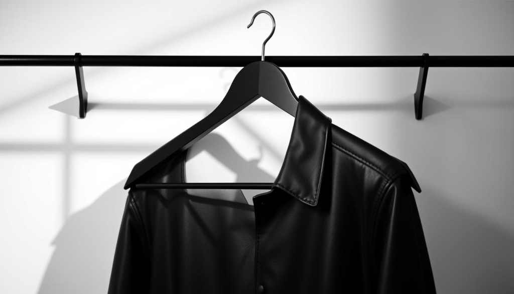 A meticulously crafted leather jacket hanger, its sleek black lines and contoured silhouette, casts a striking monochrome shadow against a softly illuminated backdrop. Subtle hints of muted color accentuate the essential form, drawing the eye to the thoughtful design details that elevate this simple yet functional storage solution. The precise angles and clean geometric shapes evoke a sense of order and precision, perfectly complementing the rugged elegance of the leather jacket it is intended to showcase. A minimalist, high-contrast composition that celebrates the beauty in the practical, offering a refined and visually compelling representation of the proper care and preservation of a treasured wardrobe essential. A meticulously crafted leather jacket hanger, its sleek black lines and contoured silhouette, casts a striking monochrome shadow against a softly illuminated backdrop. Subtle hints of muted color accentuate the essential form, drawing the eye to the thoughtful design details that elevate this simple yet functional storage solution. The precise angles and clean geometric shapes evoke a sense of order and precision, perfectly complementing the rugged elegance of the leather jacket it is intended to showcase. A minimalist, high-contrast composition that celebrates the beauty in the practical, offering a refined and visually compelling representation of the proper care and preservation of a treasured wardrobe essential.
