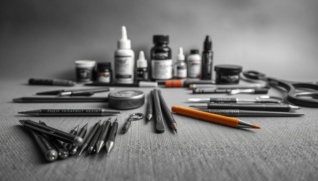 A neatly organized selection of leather repair tools rests on a plain, textured surface. Finely crafted needles, waxed threads, and a variety of specialized stitching implements occupy the foreground, their shapes and textures rendered in precise detail. In the middle ground, a range of adhesives, dyes, and polishes hint at the versatility required for meticulous leather restoration. The background is a simple, muted palette, allowing the tools to take center stage and convey a sense of focused, professional craftsmanship. The overall image is presented in a black and white palette with selective color accents, emphasizing the technical and functional nature of the tools.