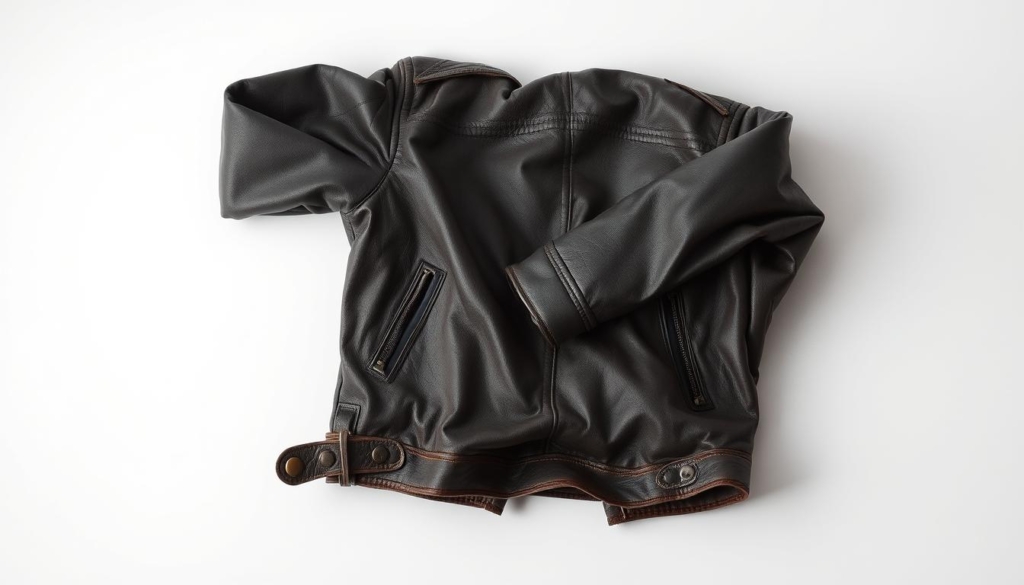 A pristine, well-worn leather jacket, meticulously cleaned and conditioned, rests on a minimalist white background. Soft, diffused lighting highlights the supple texture and rich, dark hues of the leather, punctuated by subtle, colorful accents. The jacket's silhouette is captured in a clean, angular composition, with attention to details like zippers, buttons, and stitching. The overall mood is one of refined elegance and timeless style, reflecting the care and attention required to maintain a cherished leather garment. A pristine, well-worn leather jacket, meticulously cleaned and conditioned, rests on a minimalist white background. Soft, diffused lighting highlights the supple texture and rich, dark hues of the leather, punctuated by subtle, colorful accents. The jacket's silhouette is captured in a clean, angular composition, with attention to details like zippers, buttons, and stitching. The overall mood is one of refined elegance and timeless style, reflecting the care and attention required to maintain a cherished leather garment.