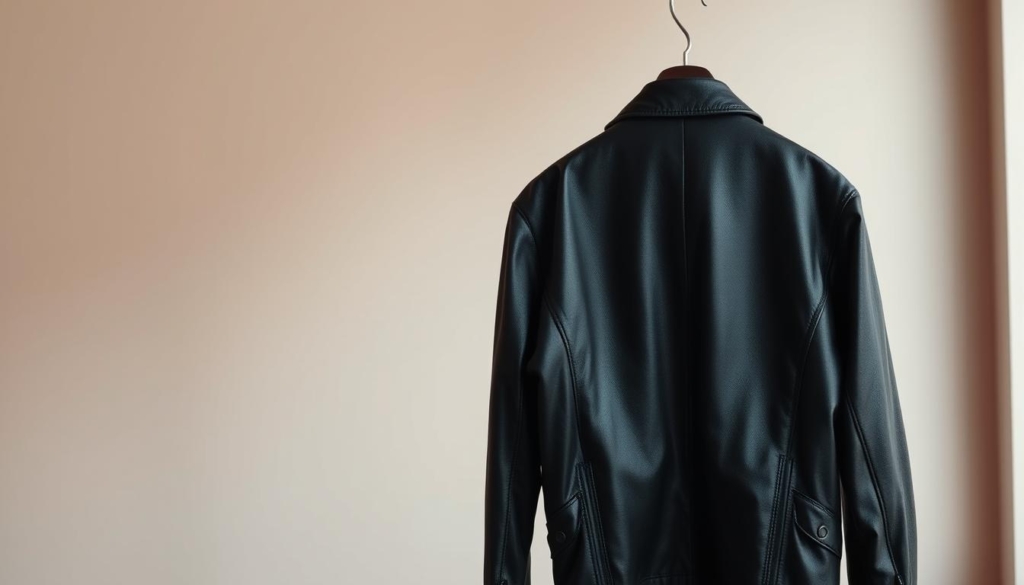 A seasonally discounted black leather jacket hangs elegantly, its supple texture illuminated by soft, directional lighting. The jacket is positioned in the foreground, capturing the viewer's attention. In the middle ground, a clean, minimalist background with subtle hints of color - perhaps a muted gradient or a simple pattern - provides a visually striking yet unobtrusive setting. The overall atmosphere conveys a sense of timeless style, quality, and the perfect moment to make a savvy purchase. A seasonally discounted black leather jacket hangs elegantly, its supple texture illuminated by soft, directional lighting. The jacket is positioned in the foreground, capturing the viewer's attention. In the middle ground, a clean, minimalist background with subtle hints of color - perhaps a muted gradient or a simple pattern - provides a visually striking yet unobtrusive setting. The overall atmosphere conveys a sense of timeless style, quality, and the perfect moment to make a savvy purchase.