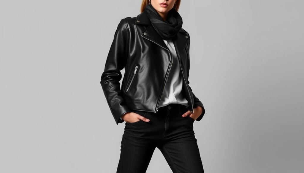 A sleek black leather jacket takes center stage, its sharp lines and supple texture commanding attention. The model stands confidently, their outfit a harmonious blend of dark denim, crisp white shirt, and carefully selected accessories. Subtle pops of color, perhaps a vibrant scarf or a bold pair of shoes, add visual interest, while the overall monochromatic palette exudes an air of effortless sophistication. Soft, dramatic lighting casts gentle shadows, accentuating the contours of the jacket and the model's features. The composition is clean and balanced, allowing the viewer to focus on the stylish ensemble and draw inspiration for their own wardrobe choices. A sleek black leather jacket takes center stage, its sharp lines and supple texture commanding attention. The model stands confidently, their outfit a harmonious blend of dark denim, crisp white shirt, and carefully selected accessories. Subtle pops of color, perhaps a vibrant scarf or a bold pair of shoes, add visual interest, while the overall monochromatic palette exudes an air of effortless sophistication. Soft, dramatic lighting casts gentle shadows, accentuating the contours of the jacket and the model's features. The composition is clean and balanced, allowing the viewer to focus on the stylish ensemble and draw inspiration for their own wardrobe choices.