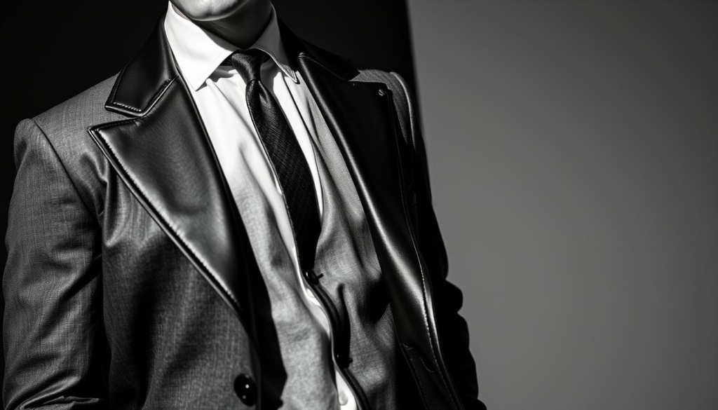 A sophisticated business attire featuring a tailored gray suit paired with a sleek black leather jacket. The outfit is captured in a high-contrast black and white photograph, with subtle pops of color highlighting the details - the burnished metal hardware on the jacket, the sheen of the leather, and the crisp lines of the suit. The lighting is dramatic, casting dramatic shadows and highlighting the textures of the fabrics. The model is posed confidently, conveying a sense of effortless style and professionalism. The overall tone is one of refined elegance and urban sophistication.