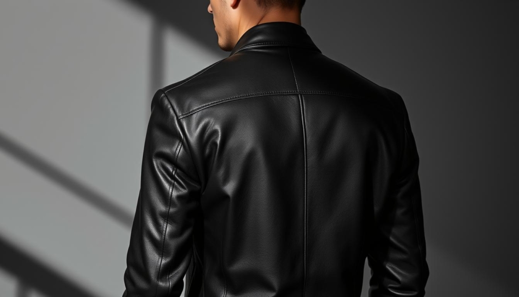 A sophisticated gentleman's leather jacket, perfectly tailored to accentuate his physique. Crafted with meticulous attention to detail, the jacket features a sleek, slim silhouette in a muted black hue. Subtle highlights in burgundy and burnished bronze capture the essence of modern elegance. Dramatic lighting casts dynamic shadows, creating depth and dimension, while a muted, monochromatic palette lends an air of refined sophistication. The jacket is presented against a minimalist background, allowing the garment to take center stage and showcase its exceptional fit and quality. A sophisticated gentleman's leather jacket, perfectly tailored to accentuate his physique. Crafted with meticulous attention to detail, the jacket features a sleek, slim silhouette in a muted black hue. Subtle highlights in burgundy and burnished bronze capture the essence of modern elegance. Dramatic lighting casts dynamic shadows, creating depth and dimension, while a muted, monochromatic palette lends an air of refined sophistication. The jacket is presented against a minimalist background, allowing the garment to take center stage and showcase its exceptional fit and quality.