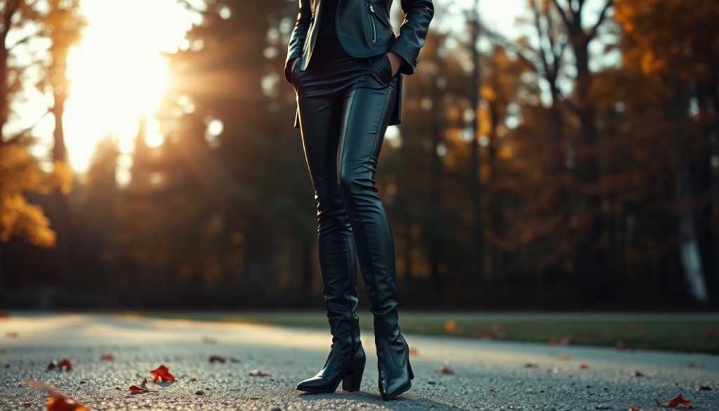 A sophisticated woman stands tall, her leather jacket hugging her frame in a sleek, monochromatic palette. Her boots, sharp and angular, ground her in the autumnal setting, the rich browns and blacks accentuating the elegant lines of her silhouette. Sunlight filters through the trees, casting a warm, golden glow and creating a sense of moody sophistication. The overall atmosphere is one of refined, effortless style - a harmonious blend of classic elements that embody the essence of the "Lederjacke + Boots: Der perfekte Herbst-Look". A sophisticated woman stands tall, her leather jacket hugging her frame in a sleek, monochromatic palette. Her boots, sharp and angular, ground her in the autumnal setting, the rich browns and blacks accentuating the elegant lines of her silhouette. Sunlight filters through the trees, casting a warm, golden glow and creating a sense of moody sophistication. The overall atmosphere is one of refined, effortless style - a harmonious blend of classic elements that embody the essence of the "Lederjacke + Boots: Der perfekte Herbst-Look".