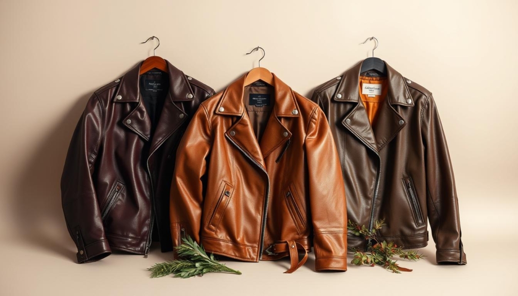 A spring and autumn fashion editorial showcasing the latest leather jacket color trends. A minimalist still life in muted tones, with a focus on a selection of stylish jackets in varying shades of brown, tan, and burgundy. Soft, natural lighting illuminates the textures and details of the premium leather, creating a sense of luxury and sophistication. The garments are arranged artfully against a simple background, allowing the colors and materials to take center stage. Pops of vibrant, complementary hues – perhaps a splash of green or a touch of blue – add visual interest and highlight the versatility of these transitional outerwear pieces.