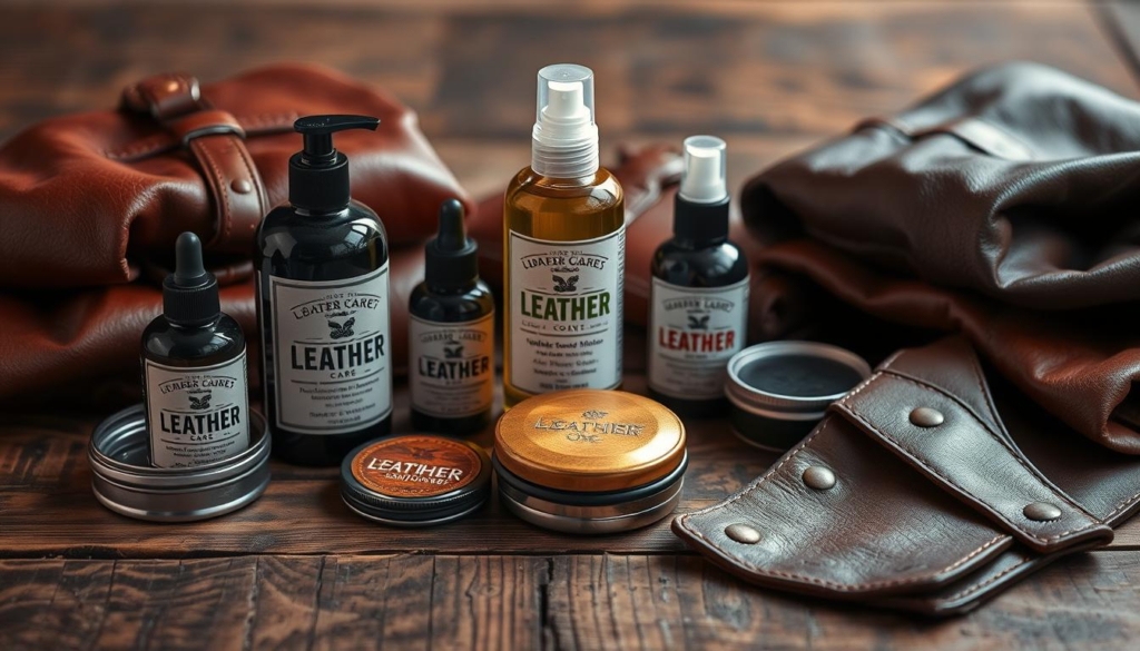 A still life arrangement showcasing an assortment of leather care products, including leather conditioner, polish, and waterproofing spray, meticulously arranged on a rustic wooden surface. Soft, warm lighting casts a comforting glow, accentuating the rich, supple textures of the leather items. The composition is balanced, with the products strategically placed to create a visually appealing and informative display. The overall atmosphere conveys a sense of practicality and thoughtful care for maintaining the durability and appearance of leather garments. A still life arrangement showcasing an assortment of leather care products, including leather conditioner, polish, and waterproofing spray, meticulously arranged on a rustic wooden surface. Soft, warm lighting casts a comforting glow, accentuating the rich, supple textures of the leather items. The composition is balanced, with the products strategically placed to create a visually appealing and informative display. The overall atmosphere conveys a sense of practicality and thoughtful care for maintaining the durability and appearance of leather garments.