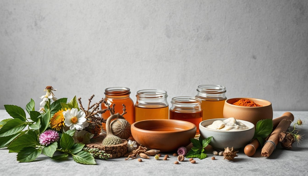 A still life arrangement showcasing natural ingredients for leather care. In the foreground, an assortment of botanical elements such as leaves, flowers, and herbs in shades of green and earthy tones. In the middle ground, glass jars and ceramic bowls containing natural oils, waxes, and polishes, their contents subtly colored in amber, ochre, and sienna hues. The background features a simple, textured surface in grayscale, allowing the natural materials to take center stage. The lighting is soft and diffused, creating gentle shadows and highlighting the textures and details of the organic components. The overall mood is one of simplicity, purity, and a reverence for nature's offerings, captured in a high-contrast, pencil-sketch style with selective pops of color. A still life arrangement showcasing natural ingredients for leather care. In the foreground, an assortment of botanical elements such as leaves, flowers, and herbs in shades of green and earthy tones. In the middle ground, glass jars and ceramic bowls containing natural oils, waxes, and polishes, their contents subtly colored in amber, ochre, and sienna hues. The background features a simple, textured surface in grayscale, allowing the natural materials to take center stage. The lighting is soft and diffused, creating gentle shadows and highlighting the textures and details of the organic components. The overall mood is one of simplicity, purity, and a reverence for nature's offerings, captured in a high-contrast, pencil-sketch style with selective pops of color.