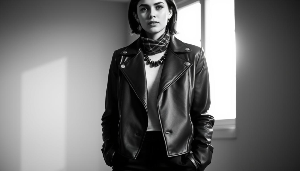 A stylish individual stands in a well-lit room, donning a sleek and versatile leather jacket. The jacket's tailored silhouette and rich texture are highlighted, complemented by a simple yet chic outfit. Carefully chosen accessories, such as a scarf or a statement necklace, add subtle pops of color and depth to the composition. The lighting is soft and diffused, creating a warm, inviting atmosphere that showcases the versatility of the leather jacket for various seasonal styling options. The image is rendered in a refined black and white palette, with strategic splashes of color that draw the viewer's attention to the key elements of the ensemble. A stylish individual stands in a well-lit room, donning a sleek and versatile leather jacket. The jacket's tailored silhouette and rich texture are highlighted, complemented by a simple yet chic outfit. Carefully chosen accessories, such as a scarf or a statement necklace, add subtle pops of color and depth to the composition. The lighting is soft and diffused, creating a warm, inviting atmosphere that showcases the versatility of the leather jacket for various seasonal styling options. The image is rendered in a refined black and white palette, with strategic splashes of color that draw the viewer's attention to the key elements of the ensemble.