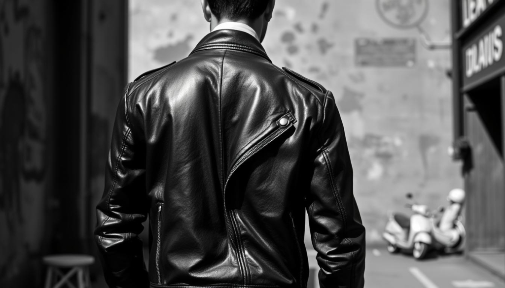 A stylish leather jacket in a classic biker design, rendered in a striking monochrome palette with subtle pops of color. The jacket's sleek silhouette is highlighted by dramatic lighting, casting dramatic shadows that accentuate its sharp lines and rugged texture. The mid-ground features a distressed urban backdrop, hinting at the jacket's versatility for both casual and edgy settings. The overall mood is one of edgy sophistication, conveying the jacket's ability to elevate any travel ensemble with a touch of vintage-inspired cool. A stylish leather jacket in a classic biker design, rendered in a striking monochrome palette with subtle pops of color. The jacket's sleek silhouette is highlighted by dramatic lighting, casting dramatic shadows that accentuate its sharp lines and rugged texture. The mid-ground features a distressed urban backdrop, hinting at the jacket's versatility for both casual and edgy settings. The overall mood is one of edgy sophistication, conveying the jacket's ability to elevate any travel ensemble with a touch of vintage-inspired cool.