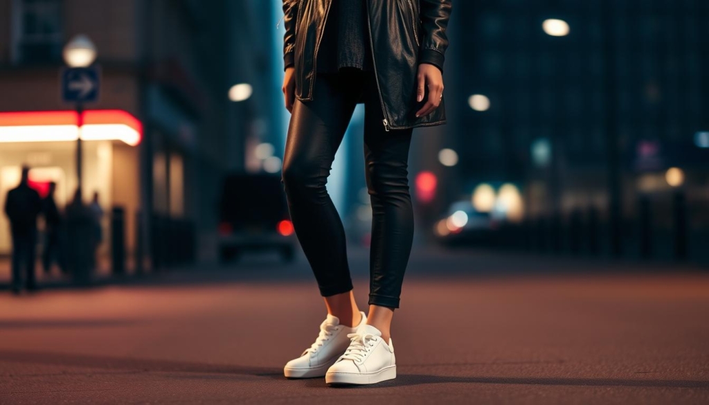 A stylish woman standing in a city street, wearing a sleek black leather jacket and a pair of classic white sneakers. The lighting is soft and moody, with subtle color accents highlighting the texture of the leather and the clean lines of the sneakers. The background is blurred, creating a sense of focus on the subject's effortless yet fashionable ensemble. The overall mood is one of casual sophistication, embodying the essence of the "Lederjacke + Sneaker: Lässiger Streetstyle" theme. A stylish woman standing in a city street, wearing a sleek black leather jacket and a pair of classic white sneakers. The lighting is soft and moody, with subtle color accents highlighting the texture of the leather and the clean lines of the sneakers. The background is blurred, creating a sense of focus on the subject's effortless yet fashionable ensemble. The overall mood is one of casual sophistication, embodying the essence of the "Lederjacke + Sneaker: Lässiger Streetstyle" theme.