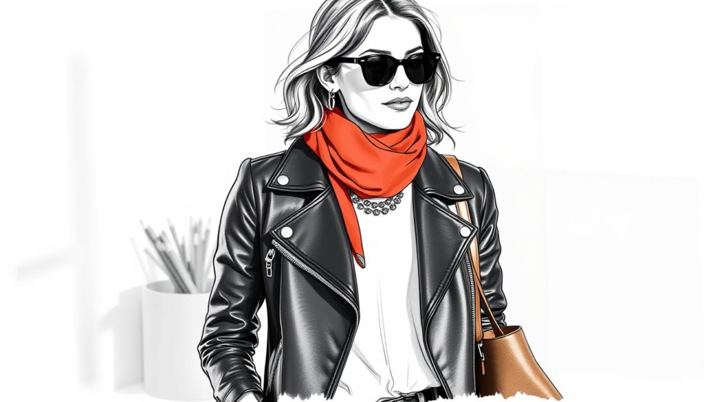 A stylish woman stands in a chic, minimalist setting, her leather jacket a sleek foundation. Accessorized with carefully curated pieces - a delicate scarf in a vibrant hue, a statement necklace, and a leather tote - she exemplifies effortless sophistication. The lighting is soft and diffused, casting a warm glow that accentuates the monochromatic palette, punctuated by selective pops of color. The scene is captured in a crisp, black-and-white sketch-like rendering, with subtle hints of color highlighting the key accessories, creating a striking visual contrast. This image perfectly encapsulates the essence of styling leather jackets with thoughtful, stylish accents. A stylish woman stands in a chic, minimalist setting, her leather jacket a sleek foundation. Accessorized with carefully curated pieces - a delicate scarf in a vibrant hue, a statement necklace, and a leather tote - she exemplifies effortless sophistication. The lighting is soft and diffused, casting a warm glow that accentuates the monochromatic palette, punctuated by selective pops of color. The scene is captured in a crisp, black-and-white sketch-like rendering, with subtle hints of color highlighting the key accessories, creating a striking visual contrast. This image perfectly encapsulates the essence of styling leather jackets with thoughtful, stylish accents.