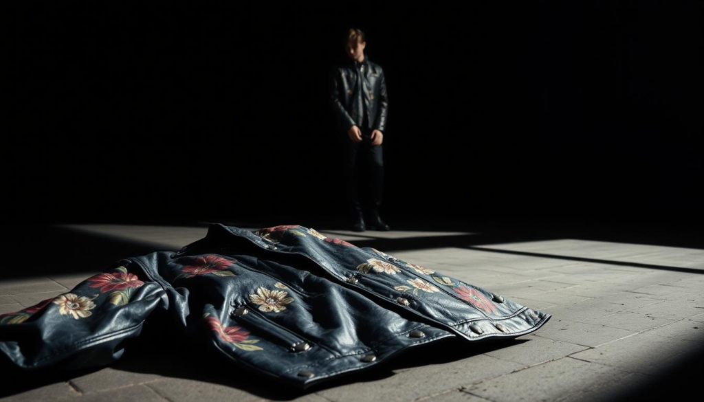 A stylishly moody photograph showcasing common mistakes when styling patterned leather jackets. In the foreground, a distressed black leather jacket with an intricate floral print lies crumpled on the ground, the colors muted and the design overpowering the piece. In the middle ground, a model wearing a busy patterned jacket stands with poor posture, the jacket's busy design clashing with their outfit. In the background, a well-curated, minimalist outfit with a simple leather jacket serves as a visual counterpoint, the clean lines and subtle detailing highlighting the importance of balance when incorporating patterned leather into one's wardrobe. Dramatic chiaroscuro lighting casts dramatic shadows, the image captured with a medium format film camera for a timeless, high-fashion aesthetic. A stylishly moody photograph showcasing common mistakes when styling patterned leather jackets. In the foreground, a distressed black leather jacket with an intricate floral print lies crumpled on the ground, the colors muted and the design overpowering the piece. In the middle ground, a model wearing a busy patterned jacket stands with poor posture, the jacket's busy design clashing with their outfit. In the background, a well-curated, minimalist outfit with a simple leather jacket serves as a visual counterpoint, the clean lines and subtle detailing highlighting the importance of balance when incorporating patterned leather into one's wardrobe. Dramatic chiaroscuro lighting casts dramatic shadows, the image captured with a medium format film camera for a timeless, high-fashion aesthetic.