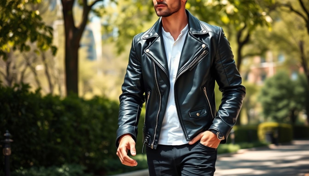 A sunny spring day, a well-dressed gentleman strolls through a lush urban park. He dons a stylish, form-fitting black leather jacket, its sleeves rolled up to reveal a crisp white shirt underneath. The jacket's subtle details, such as zippers and stitching, are rendered in a striking black-and-white palette, punctuated by muted pops of color - perhaps a burgundy scarf or a touch of brown on his leather shoes. The man's confident stride and relaxed posture convey a sense of effortless cool, as he navigates the dappled sunlight and greenery surrounding him. The scene captures the essence of transitional spring-to-summer fashion, where a classic leather jacket can be the centerpiece of a versatile, stylish outfit. A sunny spring day, a well-dressed gentleman strolls through a lush urban park. He dons a stylish, form-fitting black leather jacket, its sleeves rolled up to reveal a crisp white shirt underneath. The jacket's subtle details, such as zippers and stitching, are rendered in a striking black-and-white palette, punctuated by muted pops of color - perhaps a burgundy scarf or a touch of brown on his leather shoes. The man's confident stride and relaxed posture convey a sense of effortless cool, as he navigates the dappled sunlight and greenery surrounding him. The scene captures the essence of transitional spring-to-summer fashion, where a classic leather jacket can be the centerpiece of a versatile, stylish outfit.