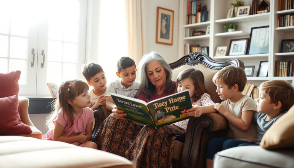 A warm, cozy family scene depicting Soraya Lewe's grandchildren in a comfortable living room setting. Sunlight filters through large windows, casting a soft, inviting glow. The children, ranging in age from toddlers to early teens, are gathered around Soraya, who is seated in an ornate armchair, reading a storybook to them. The children listen with rapt attention, their expressions a blend of wonder and joy. In the background, shelves filled with books and family photographs create a sense of homeliness. The overall atmosphere is one of intimacy, love, and cherished moments shared between generations. A warm, cozy family scene depicting Soraya Lewe's grandchildren in a comfortable living room setting. Sunlight filters through large windows, casting a soft, inviting glow. The children, ranging in age from toddlers to early teens, are gathered around Soraya, who is seated in an ornate armchair, reading a storybook to them. The children listen with rapt attention, their expressions a blend of wonder and joy. In the background, shelves filled with books and family photographs create a sense of homeliness. The overall atmosphere is one of intimacy, love, and cherished moments shared between generations.