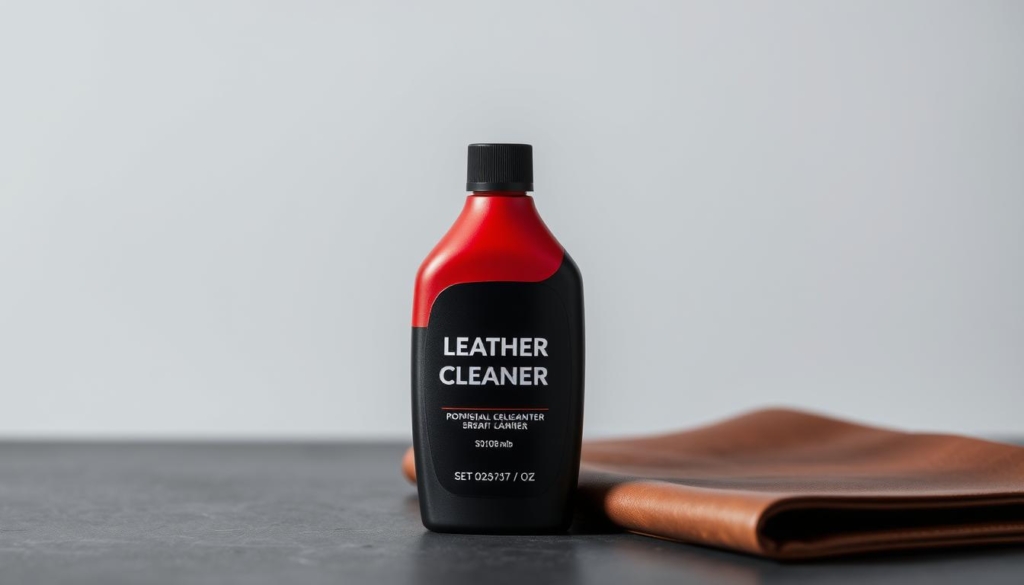 A well-crafted leather jacket cleaner product sitting on a minimalist background. The bottle has a sleek, modern design with a matte black finish and a pop of vibrant color, perhaps a red cap or label. The lighting is soft and diffused, casting gentle shadows and highlighting the texture of the leather. The composition places the cleaner in the foreground, with a simple, uncluttered backdrop that could be a gray or white surface, allowing the product to take center stage. The overall mood is clean, sophisticated, and focused on the cleaning solution's functionality and quality. A well-crafted leather jacket cleaner product sitting on a minimalist background. The bottle has a sleek, modern design with a matte black finish and a pop of vibrant color, perhaps a red cap or label. The lighting is soft and diffused, casting gentle shadows and highlighting the texture of the leather. The composition places the cleaner in the foreground, with a simple, uncluttered backdrop that could be a gray or white surface, allowing the product to take center stage. The overall mood is clean, sophisticated, and focused on the cleaning solution's functionality and quality.