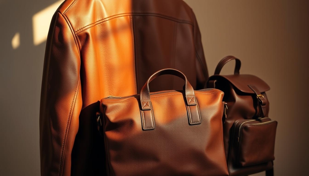 A well-crafted leather jacket hangs in the foreground, its supple texture and sleek silhouette exuding sophistication. Nestled beside it, a collection of high-quality leather bags - a structured messenger, a capacious weekend tote, and a minimalist backpack - each designed to complement the jacket's rugged charm. Subtle details, such as burnished hardware and clean lines, unify the ensemble. The scene is bathed in warm, directional lighting, casting dramatic shadows that accentuate the materials' depth and richness. The background fades into a softly blurred, neutral environment, allowing the leather accessories to take center stage and showcase their timeless elegance. A well-crafted leather jacket hangs in the foreground, its supple texture and sleek silhouette exuding sophistication. Nestled beside it, a collection of high-quality leather bags - a structured messenger, a capacious weekend tote, and a minimalist backpack - each designed to complement the jacket's rugged charm. Subtle details, such as burnished hardware and clean lines, unify the ensemble. The scene is bathed in warm, directional lighting, casting dramatic shadows that accentuate the materials' depth and richness. The background fades into a softly blurred, neutral environment, allowing the leather accessories to take center stage and showcase their timeless elegance.
