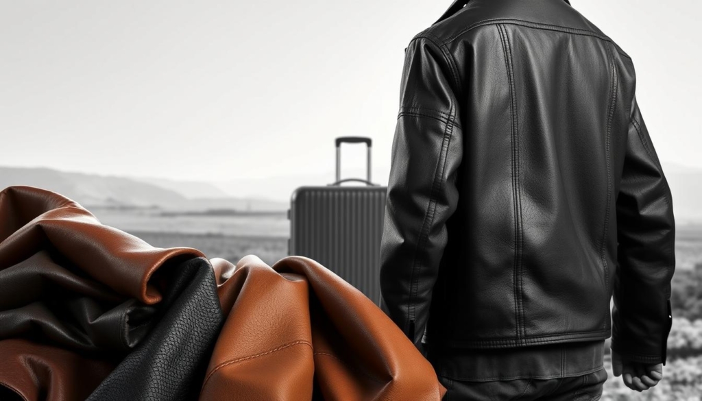 A well-crafted leather jacket, the perfect companion for the intrepid traveler. In the foreground, an array of leather samples - supple calfskin, rugged cowhide, and buttery-soft lamb - each with its own unique texture and sheen, showcased under a warm, natural light. The middle ground features a sleek, minimalist suitcase, hinting at the adventures to come, while the background subtly fades into a muted, monochromatic landscape, drawing the eye to the focal point of the leathers. The scene is rendered in a striking black and white palette, with subtle pops of color highlighting the natural variations in the leather. The overall atmosphere conveys a sense of refined sophistication and a deep appreciation for the craft of leather-making, perfectly suited for the discerning traveler. A well-crafted leather jacket, the perfect companion for the intrepid traveler. In the foreground, an array of leather samples - supple calfskin, rugged cowhide, and buttery-soft lamb - each with its own unique texture and sheen, showcased under a warm, natural light. The middle ground features a sleek, minimalist suitcase, hinting at the adventures to come, while the background subtly fades into a muted, monochromatic landscape, drawing the eye to the focal point of the leathers. The scene is rendered in a striking black and white palette, with subtle pops of color highlighting the natural variations in the leather. The overall atmosphere conveys a sense of refined sophistication and a deep appreciation for the craft of leather-making, perfectly suited for the discerning traveler.