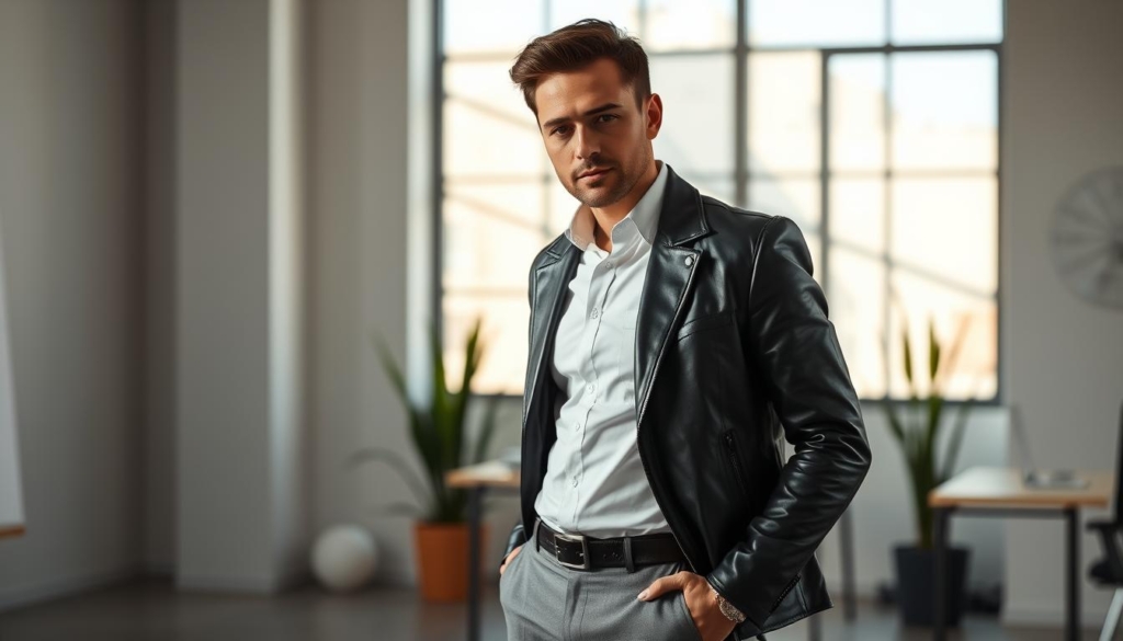 A well-dressed businessman stands in a modern office, wearing a crisp white shirt, slim-fit grey trousers, and a sleek black leather jacket. The lighting is soft and natural, creating subtle shadows and highlights that accentuate the textures of the fabrics. The background is a clean, minimalist workspace with a few strategically placed potted plants and a large window, allowing the scene to be bathed in a warm, diffused glow. The overall mood is one of effortless sophistication and professional elegance, with the leather jacket adding a touch of edgy, business-casual flair. A well-dressed businessman stands in a modern office, wearing a crisp white shirt, slim-fit grey trousers, and a sleek black leather jacket. The lighting is soft and natural, creating subtle shadows and highlights that accentuate the textures of the fabrics. The background is a clean, minimalist workspace with a few strategically placed potted plants and a large window, allowing the scene to be bathed in a warm, diffused glow. The overall mood is one of effortless sophistication and professional elegance, with the leather jacket adding a touch of edgy, business-casual flair.