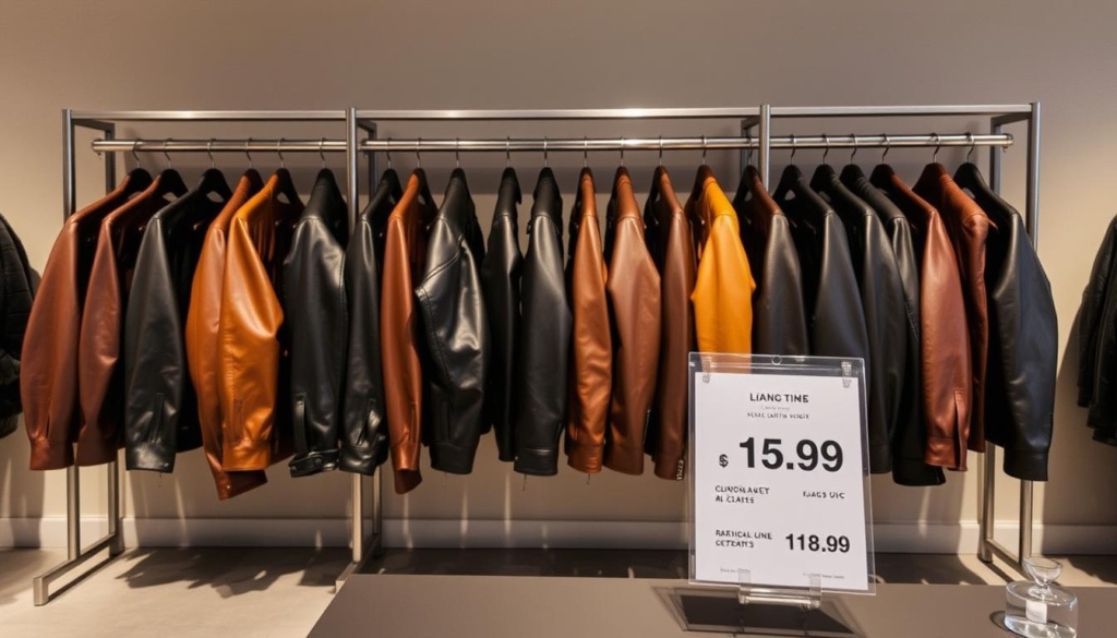 A well-lit leather jacket display in a modern, minimalist retail space. The jackets are neatly arranged on sleek, metal racks, showcasing their diverse styles and colors. Soft, directional lighting casts subtle shadows, highlighting the supple textures and high-quality craftsmanship. In the foreground, a price tag or sign displays the pricing information in a clear, legible font. The background is a neutral, muted tone, allowing the jackets to take center stage. The overall scene conveys a sense of curation, quality, and a sophisticated shopping experience. A well-lit leather jacket display in a modern, minimalist retail space. The jackets are neatly arranged on sleek, metal racks, showcasing their diverse styles and colors. Soft, directional lighting casts subtle shadows, highlighting the supple textures and high-quality craftsmanship. In the foreground, a price tag or sign displays the pricing information in a clear, legible font. The background is a neutral, muted tone, allowing the jackets to take center stage. The overall scene conveys a sense of curation, quality, and a sophisticated shopping experience.