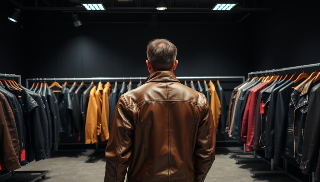 A well-lit leather jacket store, displaying an array of discounted jackets in various styles and colors, with targeted spotlights highlighting their key features. In the foreground, a couple examines a rugged brown leather jacket, its texture and stitching accentuated by the lighting. In the middle ground, a range of jackets in shades of black, tan, and burgundy are showcased, their sale prices prominently displayed. The background features a minimalist, monochromatic setting, allowing the jackets to take center stage, with subtle pops of color in the form of a few vibrant accents, such as a red tag or a metallic zipper. The overall atmosphere conveys a sense of quality, affordability, and the thrill of a good deal. A well-lit leather jacket store, displaying an array of discounted jackets in various styles and colors, with targeted spotlights highlighting their key features. In the foreground, a couple examines a rugged brown leather jacket, its texture and stitching accentuated by the lighting. In the middle ground, a range of jackets in shades of black, tan, and burgundy are showcased, their sale prices prominently displayed. The background features a minimalist, monochromatic setting, allowing the jackets to take center stage, with subtle pops of color in the form of a few vibrant accents, such as a red tag or a metallic zipper. The overall atmosphere conveys a sense of quality, affordability, and the thrill of a good deal.