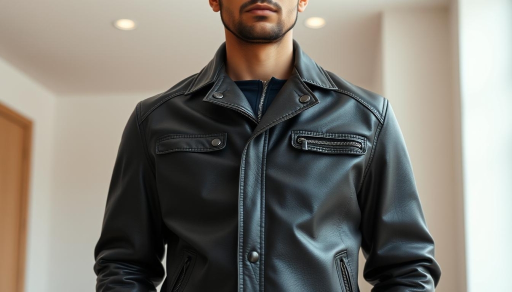 A well-lit, medium shot of a person wearing a high-quality leather jacket, standing in a minimalist, modern interior with clean lines and neutral colors. The focus is on the jacket, with the model's face and upper body visible. The lighting is soft and diffused, creating a warm, inviting atmosphere. The image showcases the jacket's fit, texture, and details, such as the zippers, pockets, and stitching, to help the viewer understand the sizing and construction. The background is uncluttered, allowing the jacket to be the central focus, guiding the viewer's attention to the important details.