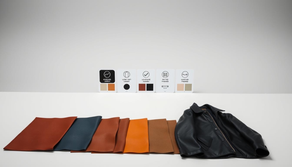 A well-lit studio shot of various leather jacket filter options, showcased on a minimalist white tabletop. In the foreground, a selection of leather swatches in different colors and textures, positioned neatly. In the middle ground, a series of digital filter icons, each representing different customization options like sleeve length, collar style, and hardware finishes. The background features a clean, gradient backdrop, allowing the products to take center stage. The overall mood is sleek, modern, and focused, with strategic pops of color to draw the eye. Lit from above with soft, even lighting to highlight the material details. A well-lit studio shot of various leather jacket filter options, showcased on a minimalist white tabletop. In the foreground, a selection of leather swatches in different colors and textures, positioned neatly. In the middle ground, a series of digital filter icons, each representing different customization options like sleeve length, collar style, and hardware finishes. The background features a clean, gradient backdrop, allowing the products to take center stage. The overall mood is sleek, modern, and focused, with strategic pops of color to draw the eye. Lit from above with soft, even lighting to highlight the material details.