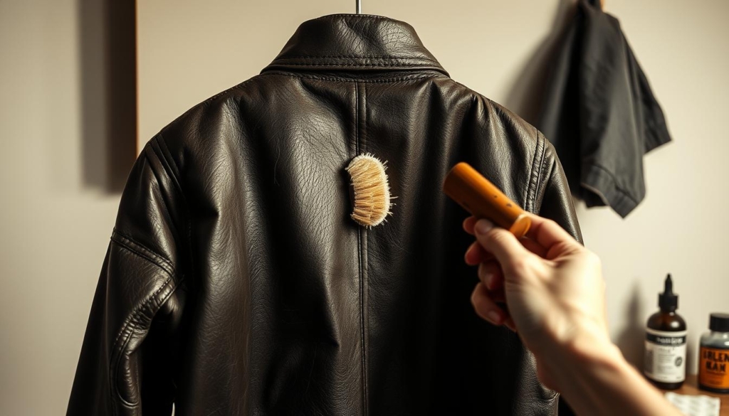 A well-worn leather jacket hangs on a wooden rack, its surface weathered and textured. Soft, muted light illuminates the jacket, casting subtle shadows that highlight its contours. The background is a simple, clean workspace, with a few essential tools and cleaning products arranged neatly. The jacket's surface is gently being brushed with a soft-bristled brush, removing any accumulated dust or dirt. The process is meticulous and deliberate, with the focus on restoring the jacket's luster and protecting its material. Accents of color, perhaps a splash of leather conditioner or a polishing cloth, add visual interest to the monochromatic scene, guiding the viewer's attention to the task at hand. A well-worn leather jacket hangs on a wooden rack, its surface weathered and textured. Soft, muted light illuminates the jacket, casting subtle shadows that highlight its contours. The background is a simple, clean workspace, with a few essential tools and cleaning products arranged neatly. The jacket's surface is gently being brushed with a soft-bristled brush, removing any accumulated dust or dirt. The process is meticulous and deliberate, with the focus on restoring the jacket's luster and protecting its material. Accents of color, perhaps a splash of leather conditioner or a polishing cloth, add visual interest to the monochromatic scene, guiding the viewer's attention to the task at hand.