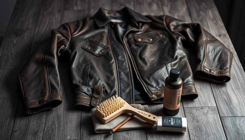 A well-worn leather jacket laid out on a wooden table, the surface gently weathered. Soft lighting casts subtle shadows, highlighting the jacket's texture and subtle sheen. In the foreground, a small collection of cleaning tools - a soft-bristled brush, a cloth, and a leather conditioner - ready to revive the garment. The background is a muted, monochromatic palette, drawing the eye to the the jacket's central focus. Hints of color appear in accents, such as the metallic hardware or a subtle splash of a complementary hue. The overall mood is one of care and restoration, capturing the process of renewing a treasured item. A well-worn leather jacket laid out on a wooden table, the surface gently weathered. Soft lighting casts subtle shadows, highlighting the jacket's texture and subtle sheen. In the foreground, a small collection of cleaning tools - a soft-bristled brush, a cloth, and a leather conditioner - ready to revive the garment. The background is a muted, monochromatic palette, drawing the eye to the the jacket's central focus. Hints of color appear in accents, such as the metallic hardware or a subtle splash of a complementary hue. The overall mood is one of care and restoration, capturing the process of renewing a treasured item.