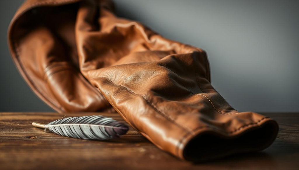 A well-worn leather jacket resting on a wooden table, its surface illuminated by soft, diffused light. The jacket's supple texture and rich, chestnut hue suggest years of wear and care. Nearby, a delicate feather rests, hinting at the gentle brushing techniques used to maintain the jacket's luster. In the background, a subtle gradient of graphite grays and whites creates a serene, minimalist atmosphere, allowing the jacket to take center stage. Pops of muted color, like a deep burgundy thread or a brass zipper, add subtle accents, drawing the eye to the details that preserve the jacket's timeless appeal. A well-worn leather jacket resting on a wooden table, its surface illuminated by soft, diffused light. The jacket's supple texture and rich, chestnut hue suggest years of wear and care. Nearby, a delicate feather rests, hinting at the gentle brushing techniques used to maintain the jacket's luster. In the background, a subtle gradient of graphite grays and whites creates a serene, minimalist atmosphere, allowing the jacket to take center stage. Pops of muted color, like a deep burgundy thread or a brass zipper, add subtle accents, drawing the eye to the details that preserve the jacket's timeless appeal.